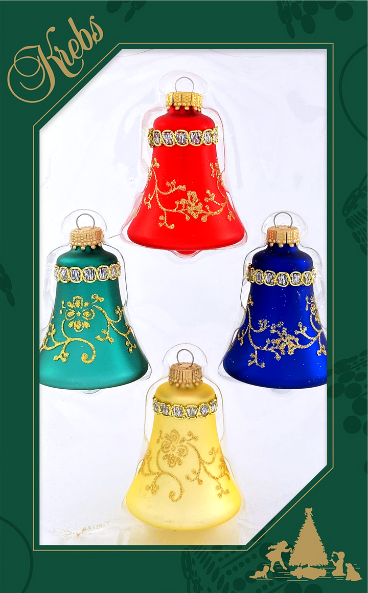 3" (76mm) Flame Red / Gold Velvet / Navy Velvet / Green Velvet Glass Bell Ornaments, Multicolor, 4/Box, 12/Case, 48 Pieces