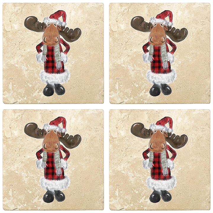 4" Christmas Holiday Travertine Coasters - Moose in Santa Costume, 2 Sets of 4, 8 Pieces