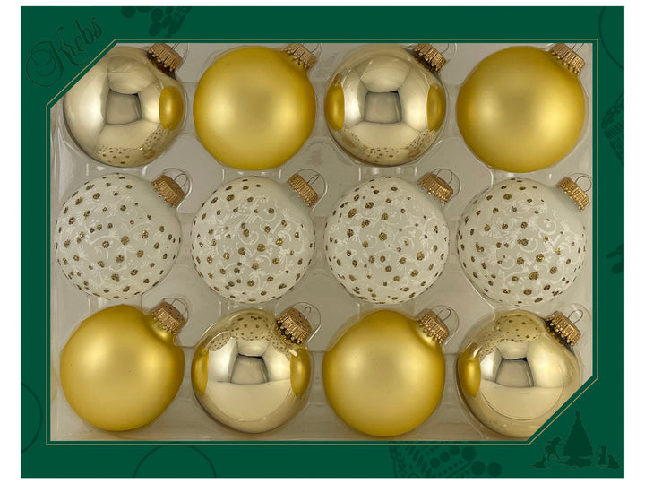 2 5/8" (67mm) Gold Glass Ball Variety Set Decorated with Lace and Gold Sparkles, 12/Box, 12/Case, 144 Pieces