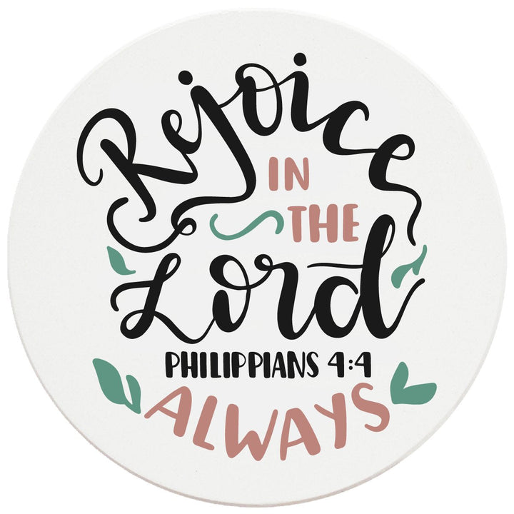 4" Round Ceramic Coasters - Rejoice In The Lord Always, 4/Box, 2/Case, 8 Pieces