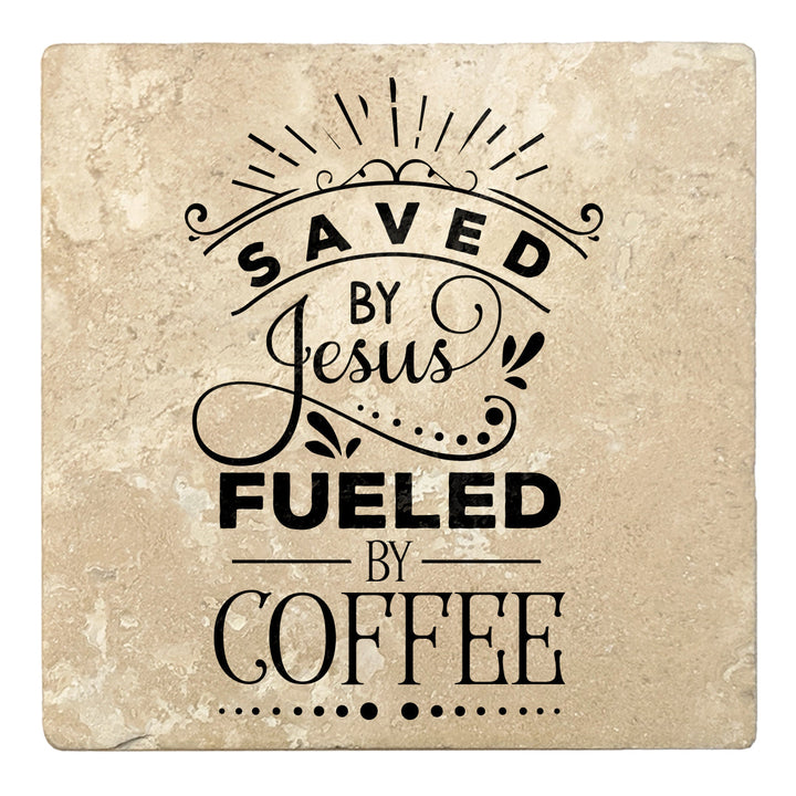 4" Absorbent Stone Religious Drink Coasters, Saved By Jesus, Fueled By Coffee, 2 Sets of 4, 8 Pieces