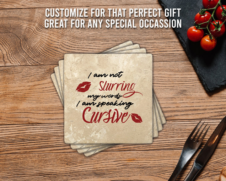 4" Square Travertine Coaster Set Funny "I Love Wine" Collection - Speaking Cursive, 4/Box, 2/Case, 8 Pieces.