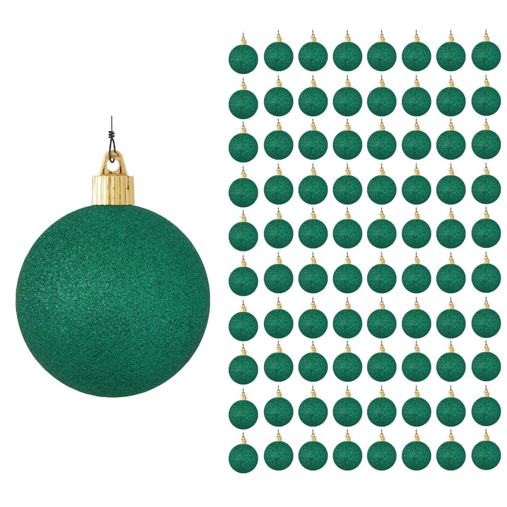 3 1/4" (80mm) Commercial Pre-Wired Shatterproof Ball Ornament, Emerald Glitter, Case, 80 Pieces