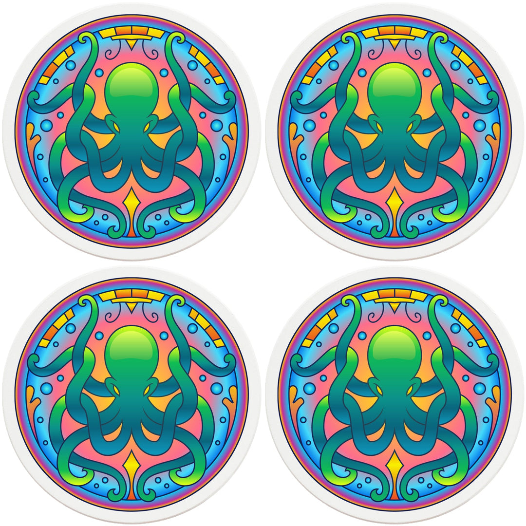 4" Round Ceramic Coasters - Mandala Octopus, 4/Box, 2/Case, 8 Pieces