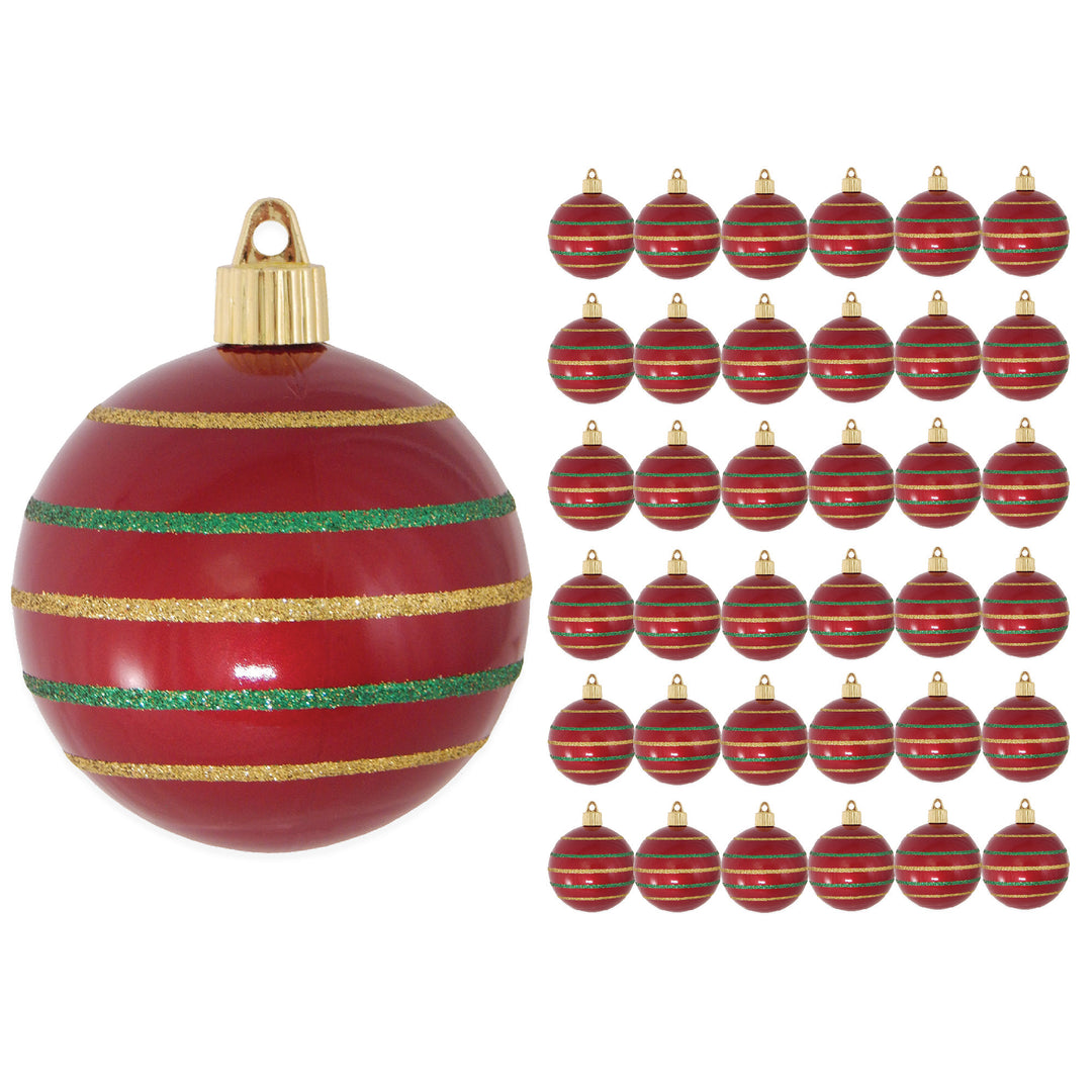 3 1/4" (80mm) Commercial Shatterproof Ball Ornament, Candy Red with Stripes, Case, 36 Pieces