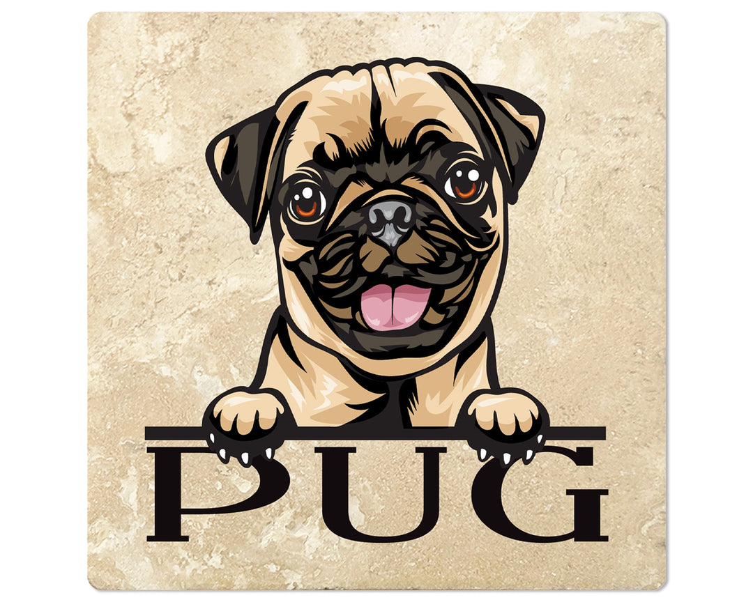 [Set of 4] 4" Square Premium Absorbent Travertine Dog Lover Coasters - Pug