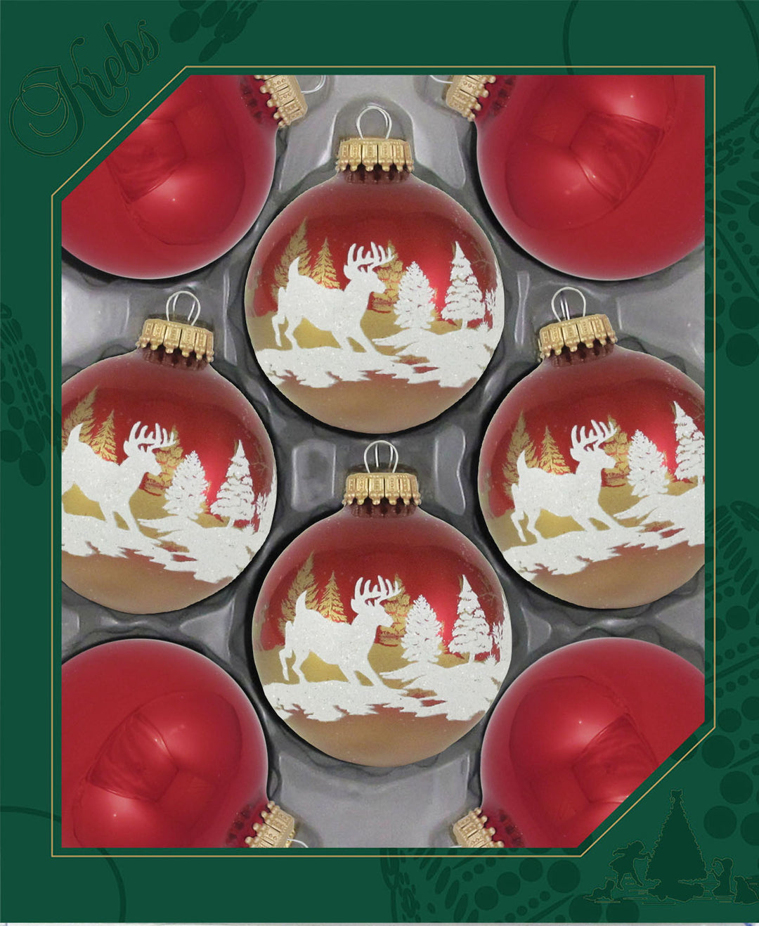 2 5/8" (67mm) Ball Ornaments, Ribbon Red Ball with Winter Deer Scene assortment, 8/Box, 12/Case, 96 Pieces