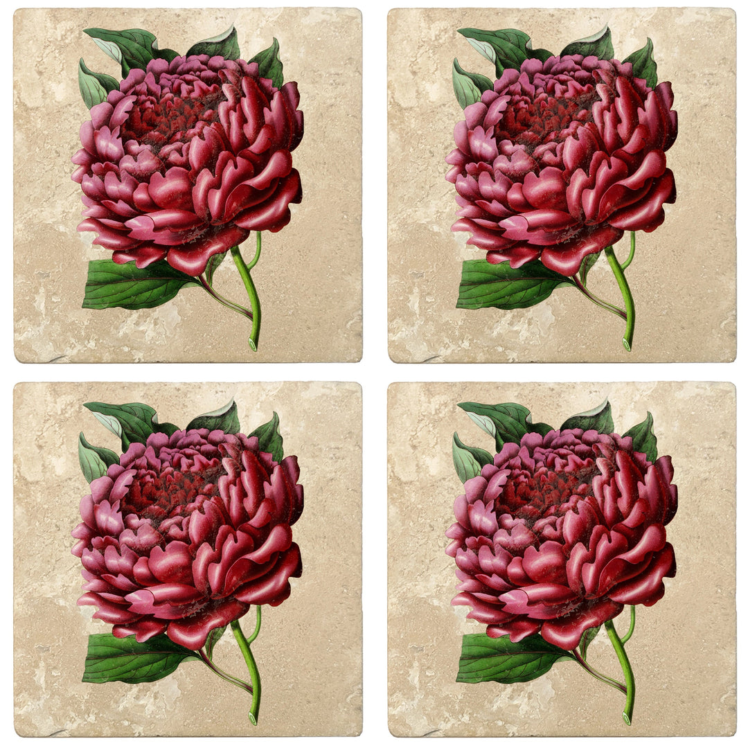 4" Absorbent Stone Flower Designs Drink Coasters, Red Charm Peony, 2 Sets of 4, 8 Pieces