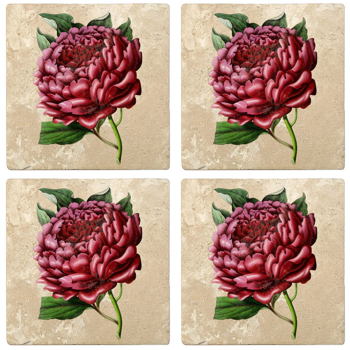 4" Absorbent Stone Flower Designs Drink Coasters, Red Charm Peony, 2 Sets of 4, 8 Pieces