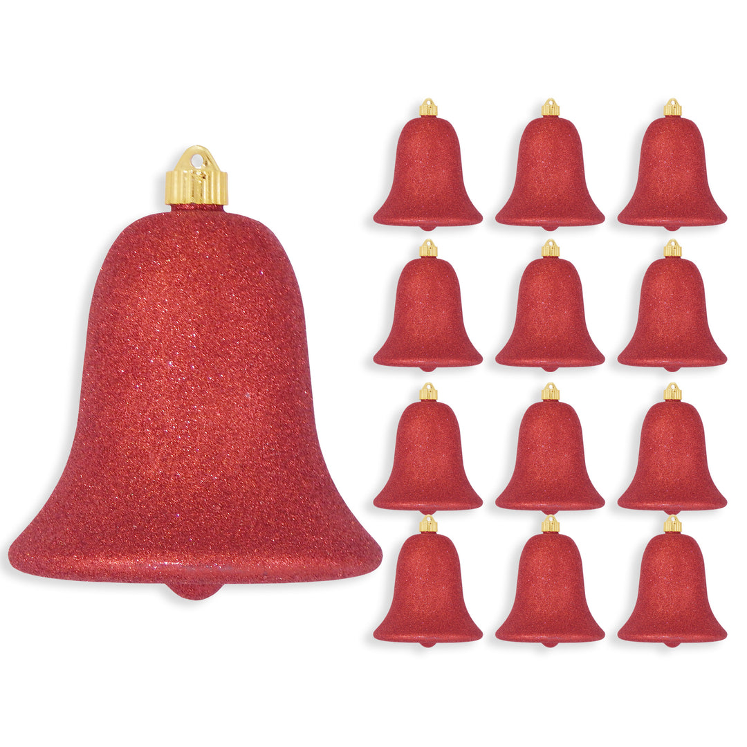 7" (178mm) Commercial Shatterproof Bell Ornaments, Red Glitter, 1/Box, 12/Case, 12 Pieces
