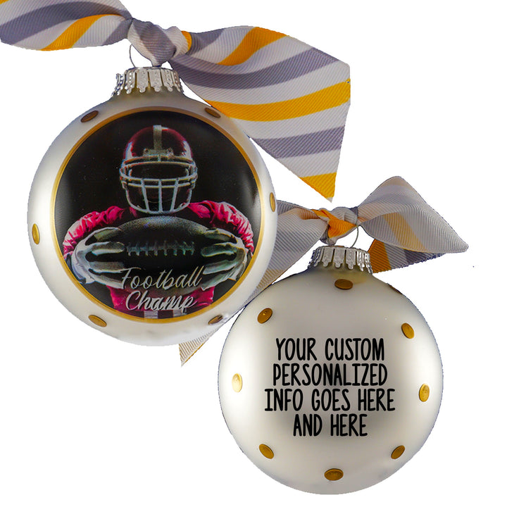 3 1/4" (80mm) Personalizable Hugs Specialty Gift Ornaments, Sterling Silver Glass Ball with Football Champ