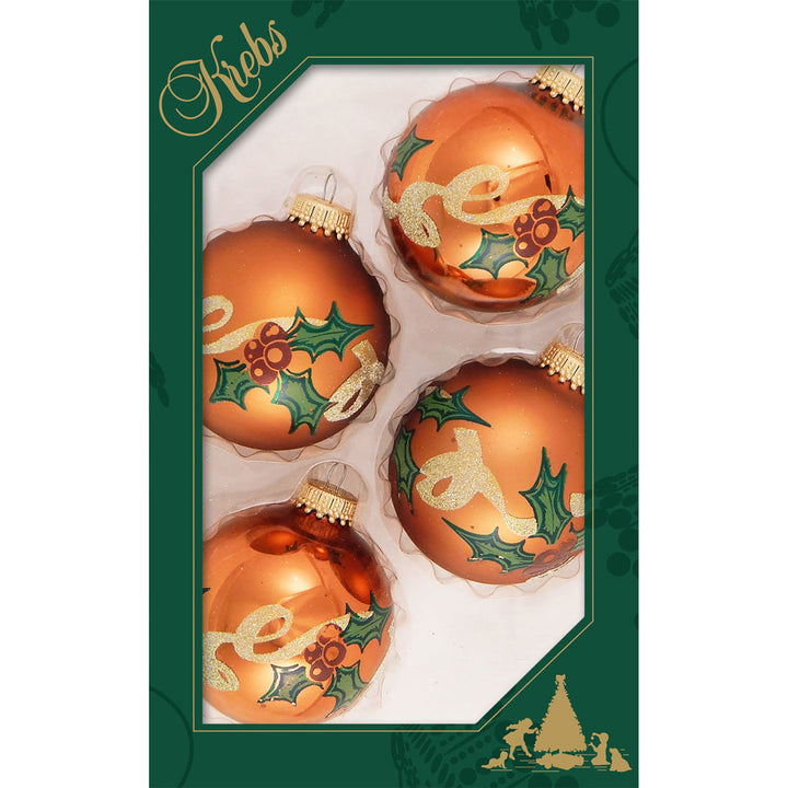 2 5/8" (67mm) Ball Ornaments Copper Shine with Holly and Ribbon, 4/Box, 12/Case, 48 Pieces