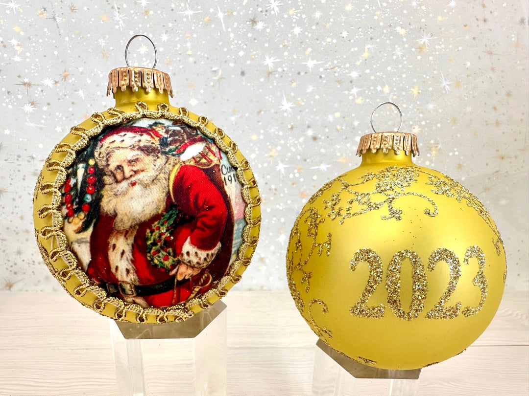 3 1/4" (80mm) Ball Ornaments, Silk Dated Santas 2023, Multi, 1/Box, 12/Case, 12 Pieces