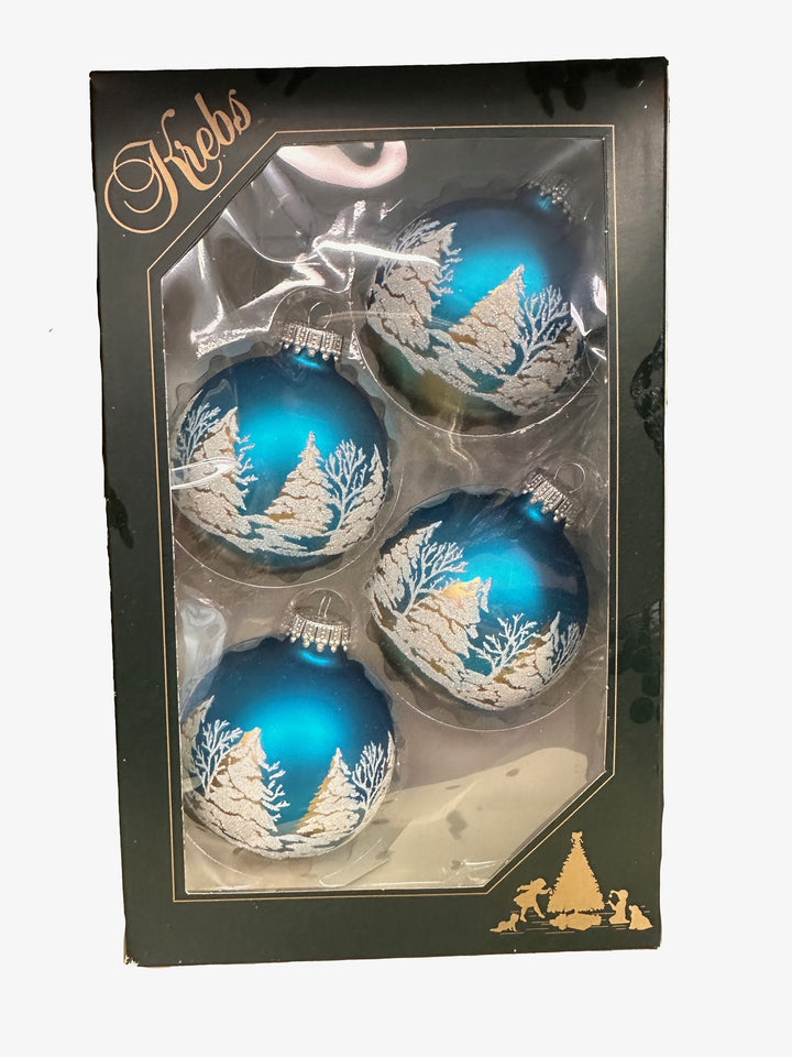 2 5/8" (67mm) Glass Ball Ornaments, Turquoise Bliss with Gold/White Festive Trees, 4/Box, 12/Case, 48 Pieces
