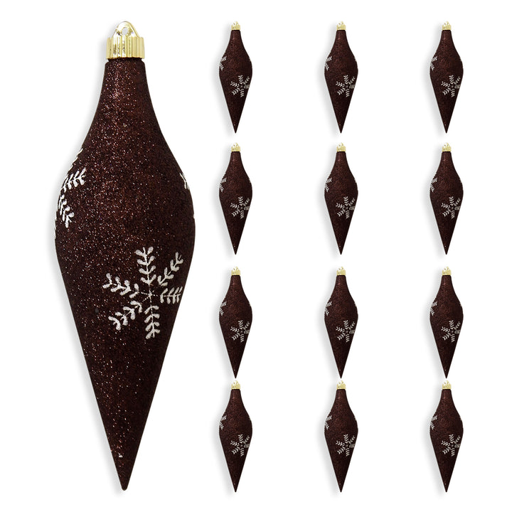 12 2/3" (320mm) Large Commercial Shatterproof Drop Ornaments, Brown Glitter with White Leafy Flakes, Case, 12 Pieces