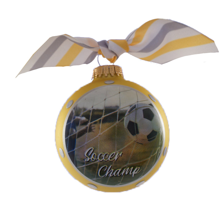 3 1/4" (80mm) Personalizable Hugs Specialty Gift Ornaments, Gold Velvet Ornament with Soccer Champ