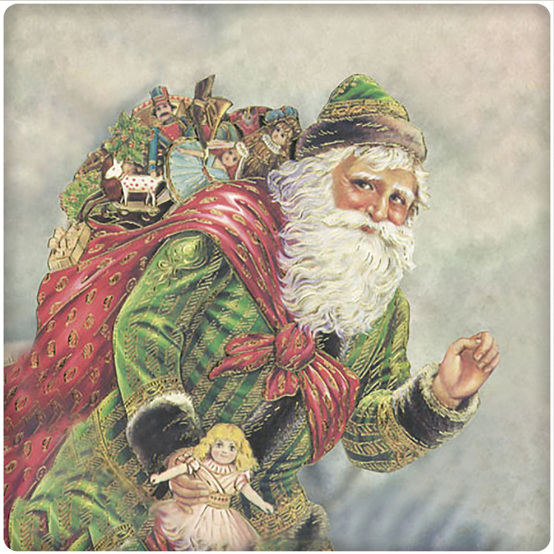 4 Inch Square Ceramic Coaster Set, Historic Santa in Green, 2 Sets of 4, 8 Pieces