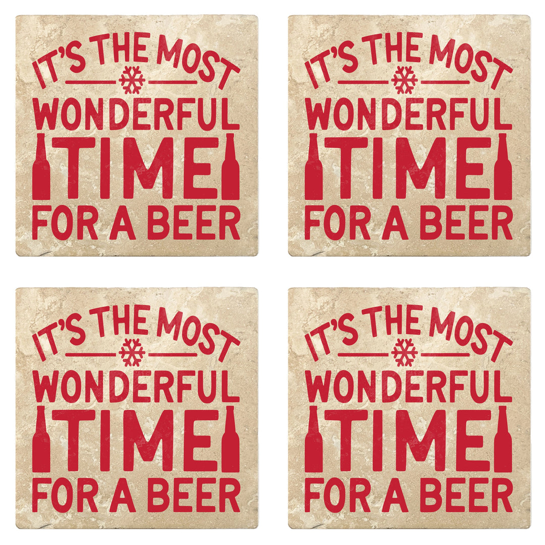 4" Absorbent Stone Christmas Drink Coasters, Its The Most Wonderful Time For A Beer, 2 Sets of 4, 8 Pieces
