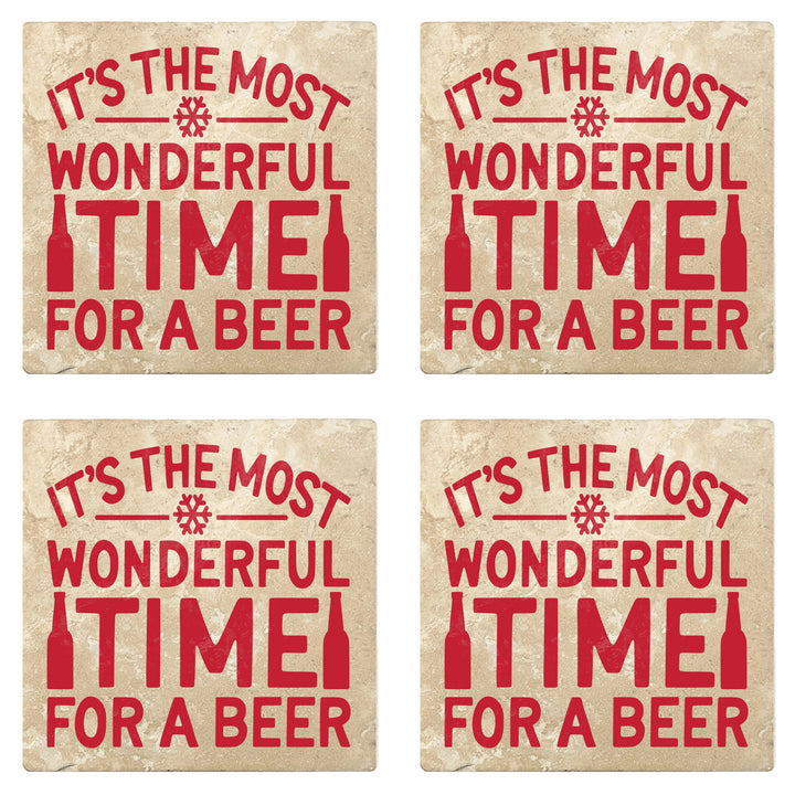 4" Absorbent Stone Christmas Drink Coasters, Its The Most Wonderful Time For A Beer, 2 Sets of 4, 8 Pieces