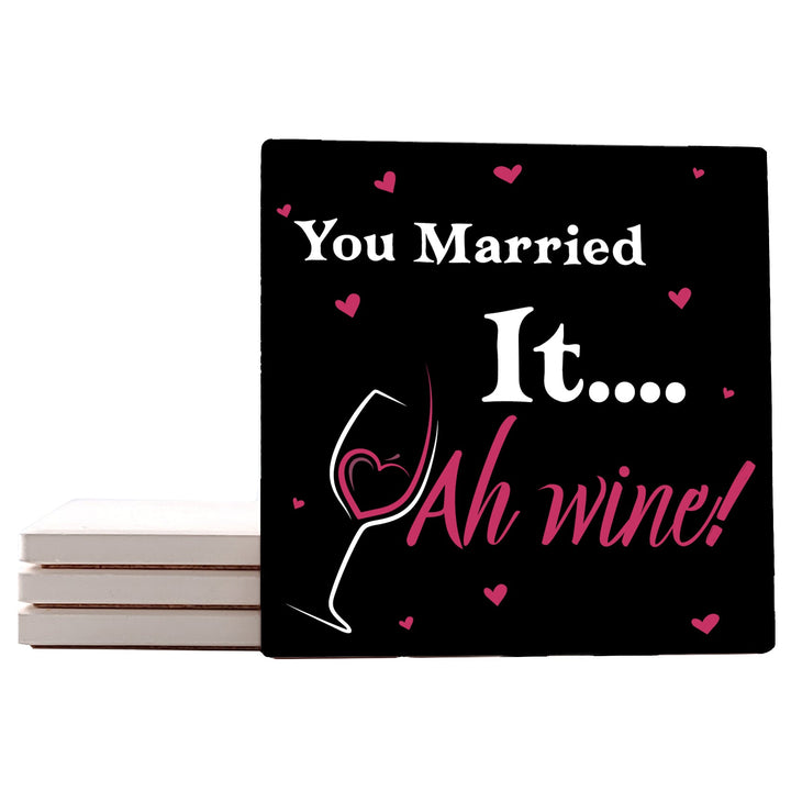 4" Square Ceramic Coaster Set Funny "I Love Wine" Collection - Ah Wine, 4/Box, 2/Case, 8 Pieces.