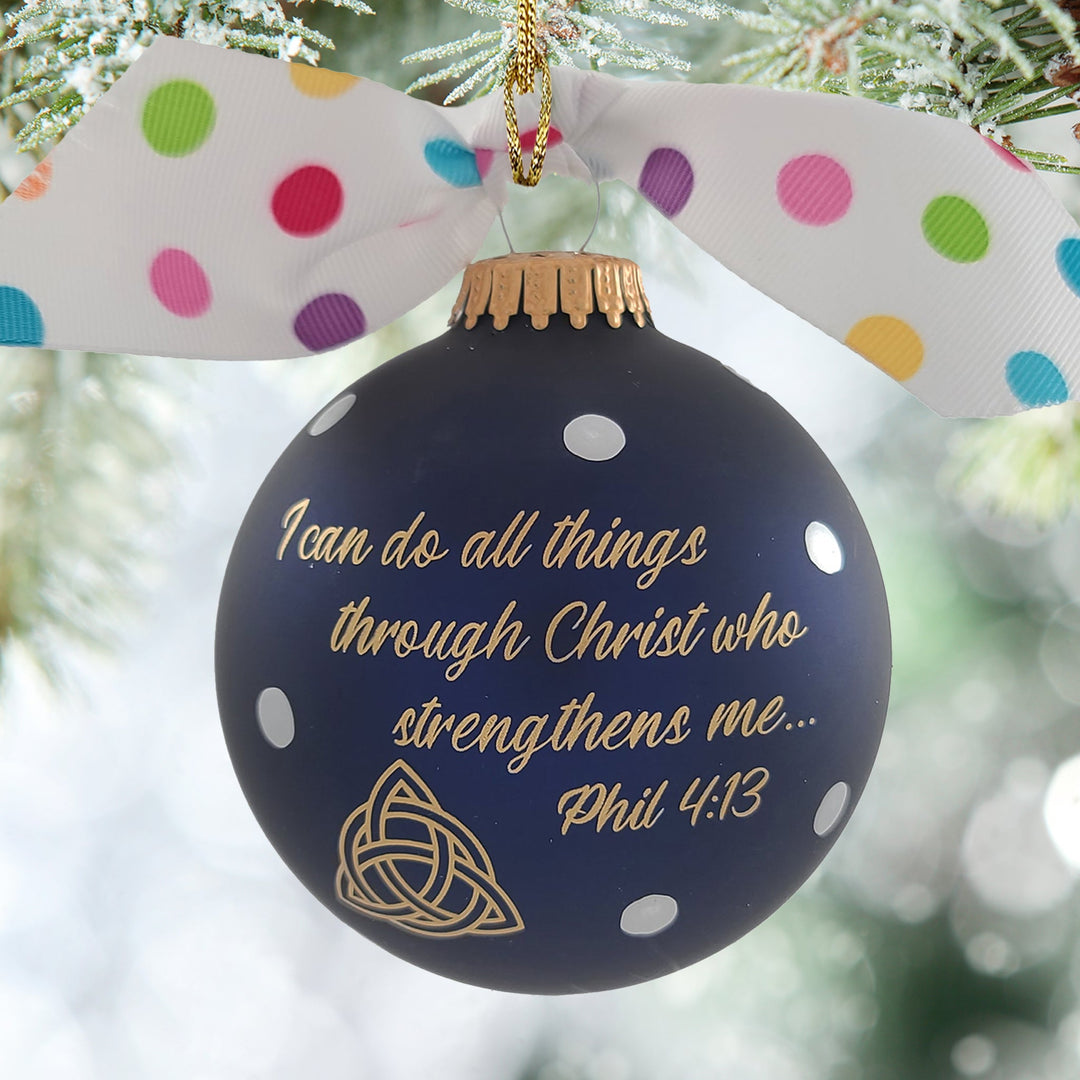 3 1/4" (80mm) Personalizable Hugs Specialty Gift Ornaments, Midnight Haze Glass Ball with I can do all things through Christ