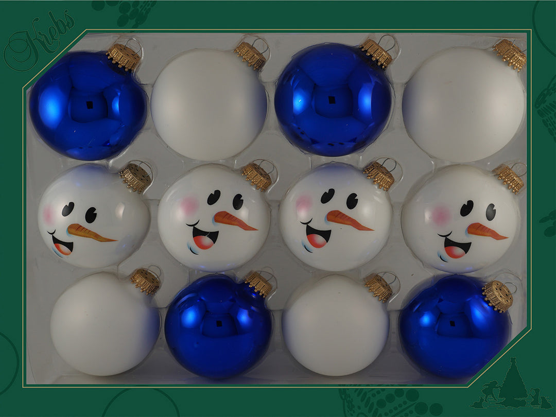 2 5/8" (67mm) Blue/White Glass Ball Trimset Decorated with with Snowman Face , 12/Box, 12/Case, 144 Pieces