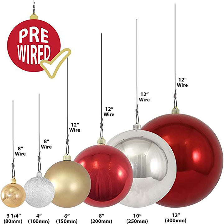 4" (100mm) Large Commercial Pre-Wired Shatterproof Ball Ornament, Red Glitter, Case, 48 Pieces