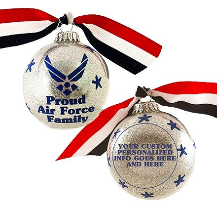 3 1/4" (80mm) Personalizable Hugs Specialty Gift Ornaments, Proud Air Force Family with ribbon and all-around decoration, Silver Glitter, 1/Box, 12/Case, 12 Pieces