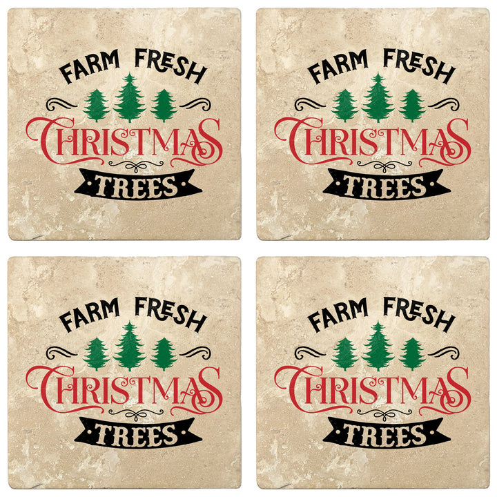 4" Absorbent Stone Christmas Drink Coasters, Farm Fresh Christmas Trees, 2 Sets of 4, 8 Pieces