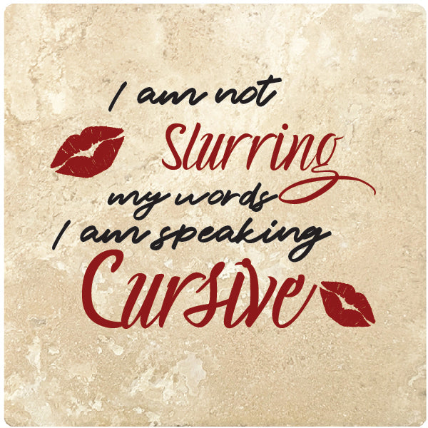 4" Square Travertine Coaster Set Funny "I Love Wine" Collection - Speaking Cursive, 4/Box, 2/Case, 8 Pieces.