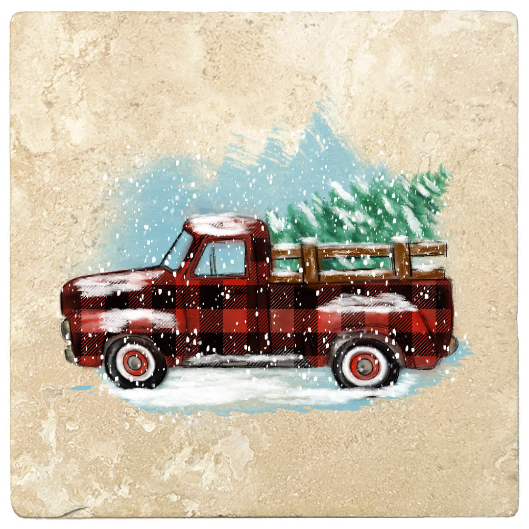 4" Christmas Holiday Travertine Coasters - Vintage Red Truck - Plaid, 2 Sets of 4, 8 Pieces