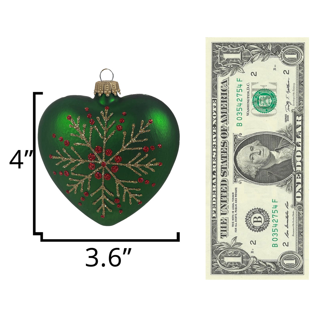 3.75" Christmas Night Green Hearts with Snowflake, set of 2, Green/ Gold/ Red,  Figurine Ornaments, 2/Box, 6/Case, 12 Pieces