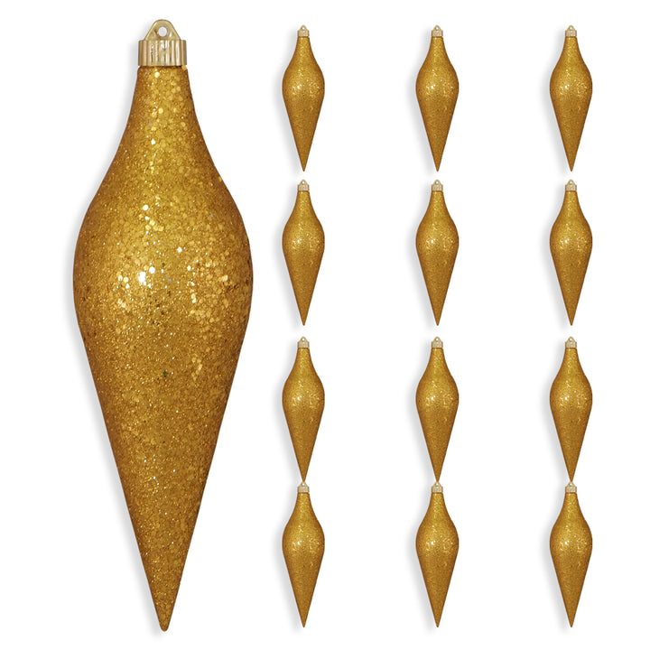 12 2/3" (320mm) Large Commercial Shatterproof Drop Ornaments, Gold Glitz, Case, 12 Pieces