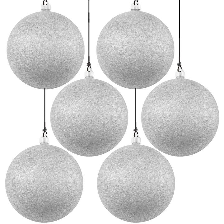 8" (200mm) Giant Commercial Pre-Wired Shatterproof Ball Ornament, Silver Glitter, Case, 6 Pieces