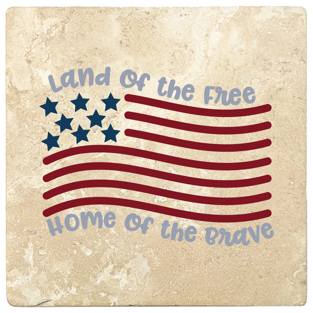 4 Inch Square Travertine Land of the Free, Home of the Brave, 2 Sets of 4, 8 Pieces