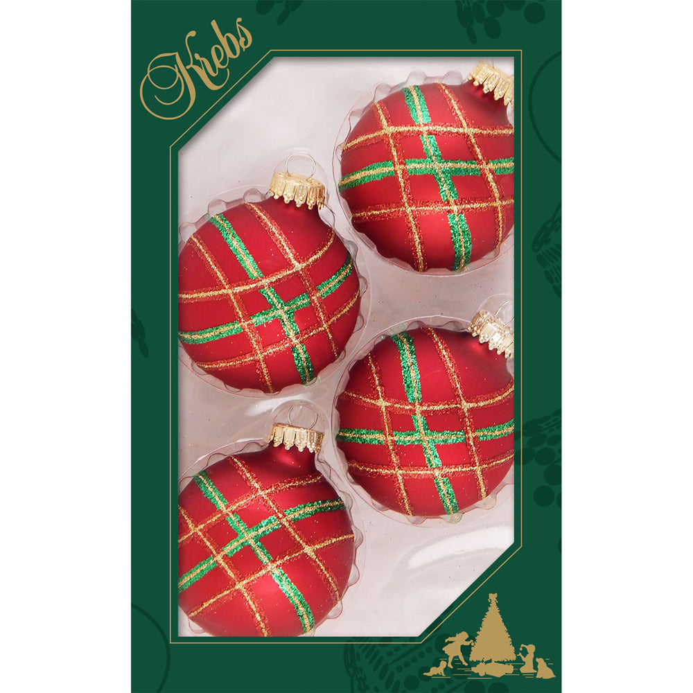 2 5/8" (67mm) Ball Ornaments Red Velvet with Diagonal Plaid, 4/Box, 12/Case, 48 Pieces