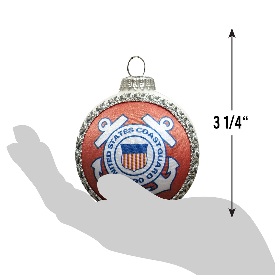 3 1/4" (80mm) Glass Ball Ornaments, White Satin - Silk Coast Guard Logo and Hymn, 1/Box, 12/Case, 12 Pieces
