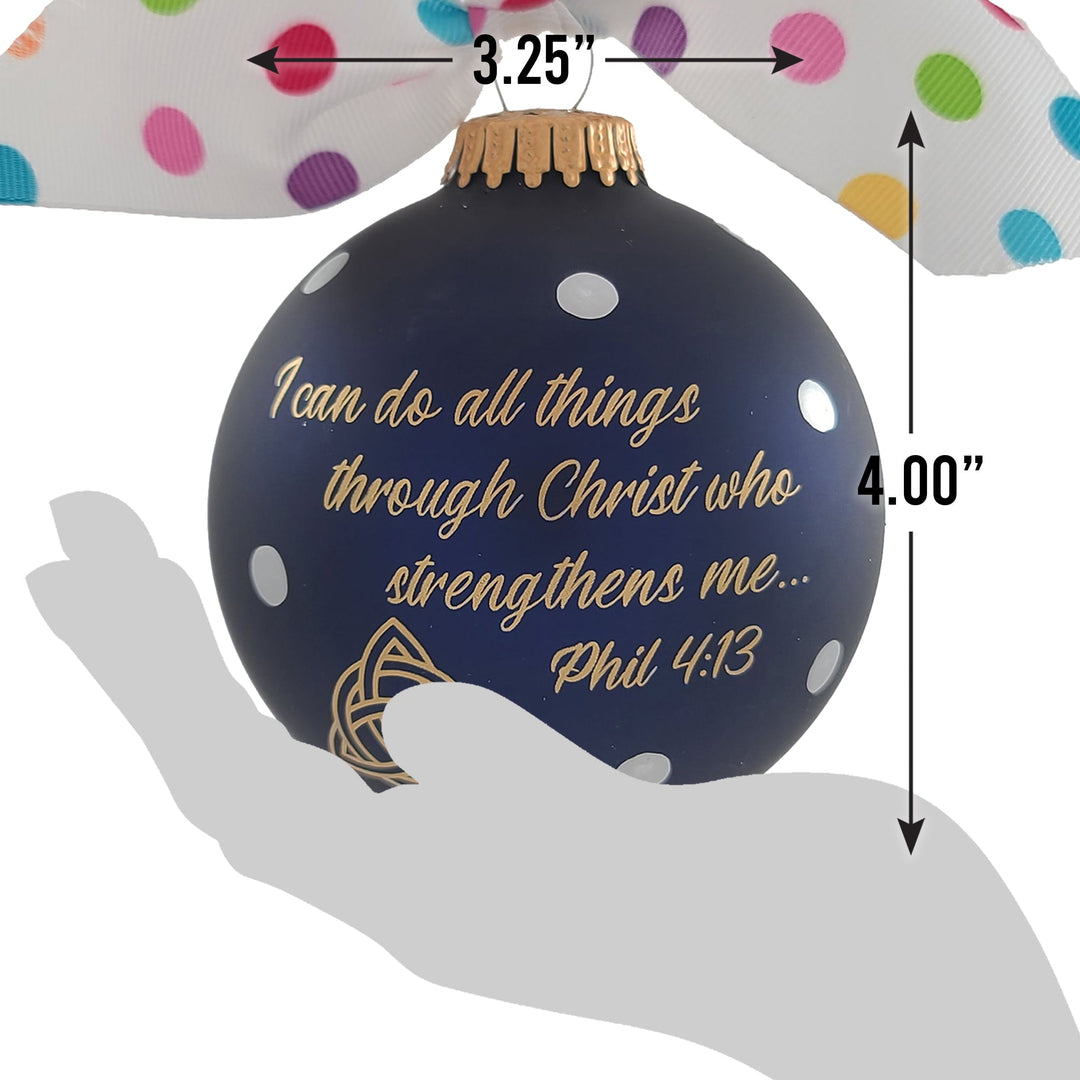3 1/4" (80mm) Personalizable Hugs Specialty Gift Ornaments, Midnight Haze Glass Ball with I can do all things through Christ