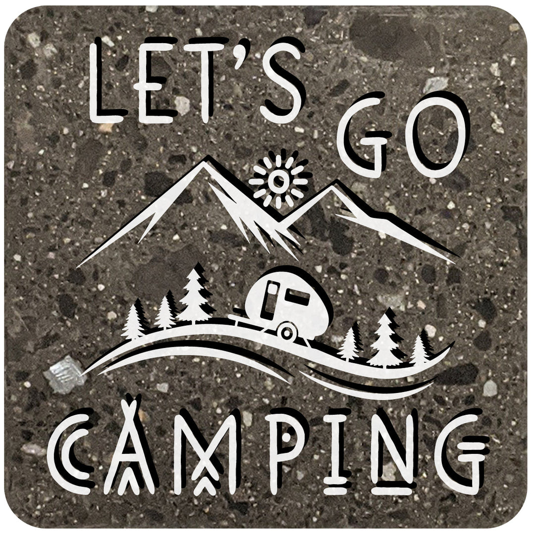4" Square Black Stone Coaster - Lets Go Camping, 2 Sets of 4, 8 Pieces