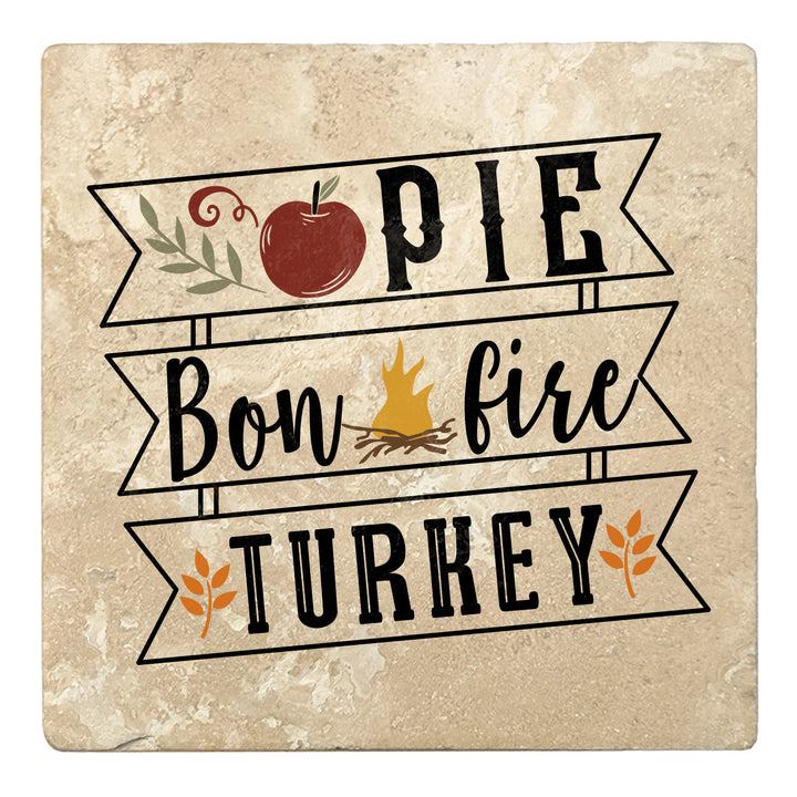 4" Absorbent Stone Fall Autumn Coasters, Pie, Bonfire, Turkey, 2 Sets of 4, 8 Pieces