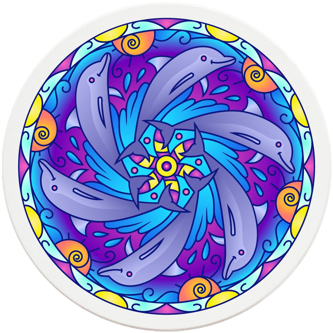 4" Round Ceramic Coasters - Mandala Dolphin, 4/Box, 2/Case, 8 Pieces