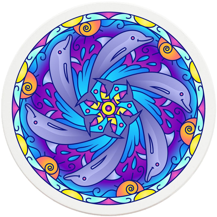 4" Round Ceramic Coasters - Mandala Dolphin, 4/Box, 2/Case, 8 Pieces