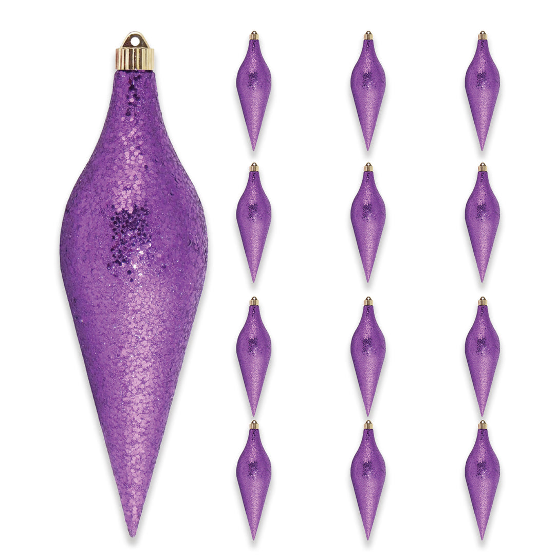 12 2/3" (320mm) Large Commercial Shatterproof Drop Ornaments, Purple Glitz, Case, 12 Pieces