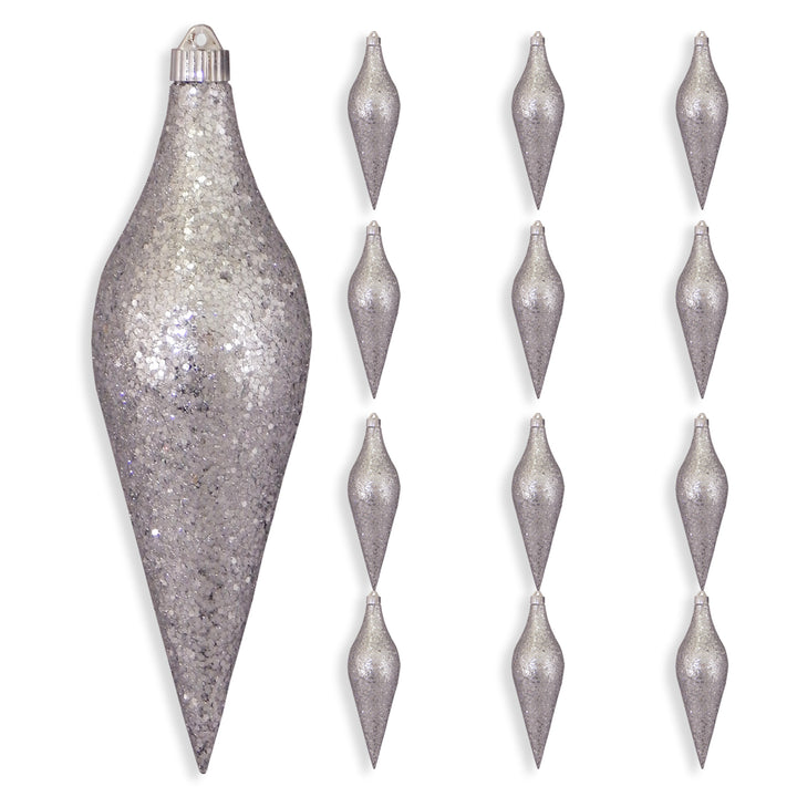 12 2/3" (320mm) Large Commercial Shatterproof Drop Ornaments, Silver Glitz, Case, 12 Pieces
