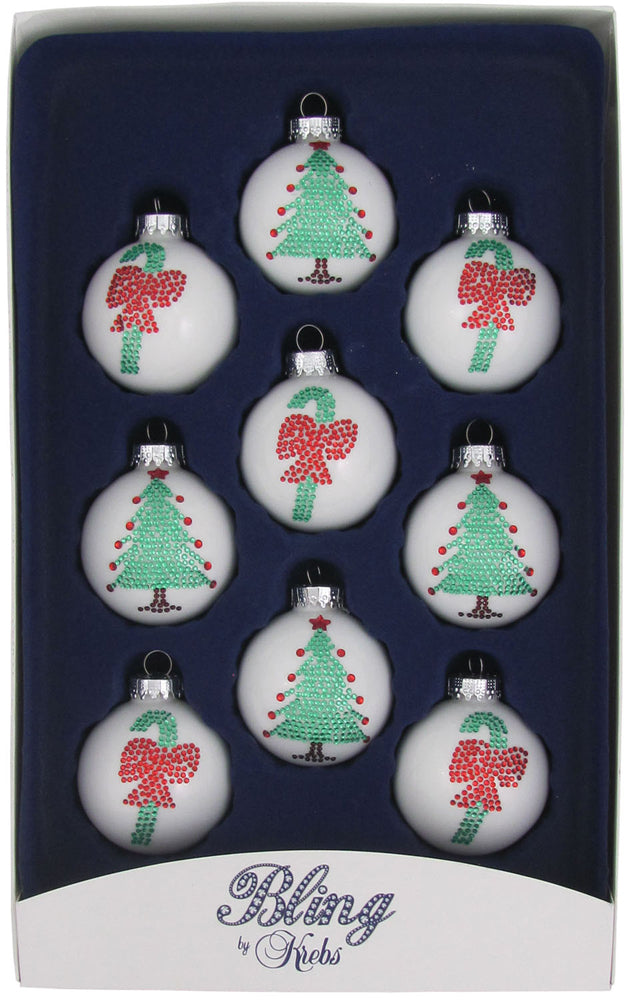 2 1/4" (57mm) Ball Ornaments, Rhinestone Tree and Candy Cane, White/Multi, 9/Box, 12/Case, 108 Pieces