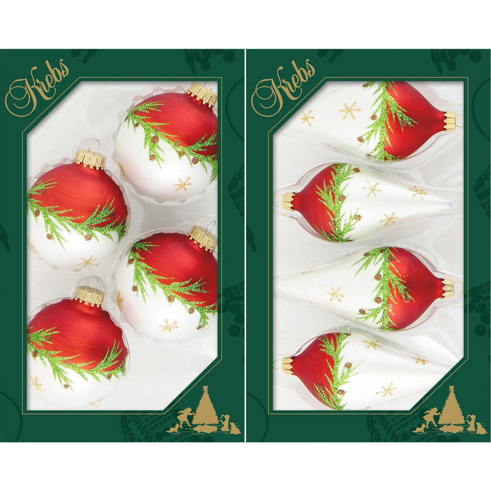 2 5/8" (67mm) Glass Balls /4" Drop Shape, Bi-Color Red Velvet / Silver Pearl with Pine Branches and Stars, 4/Box, 12/Case, 48 Pieces