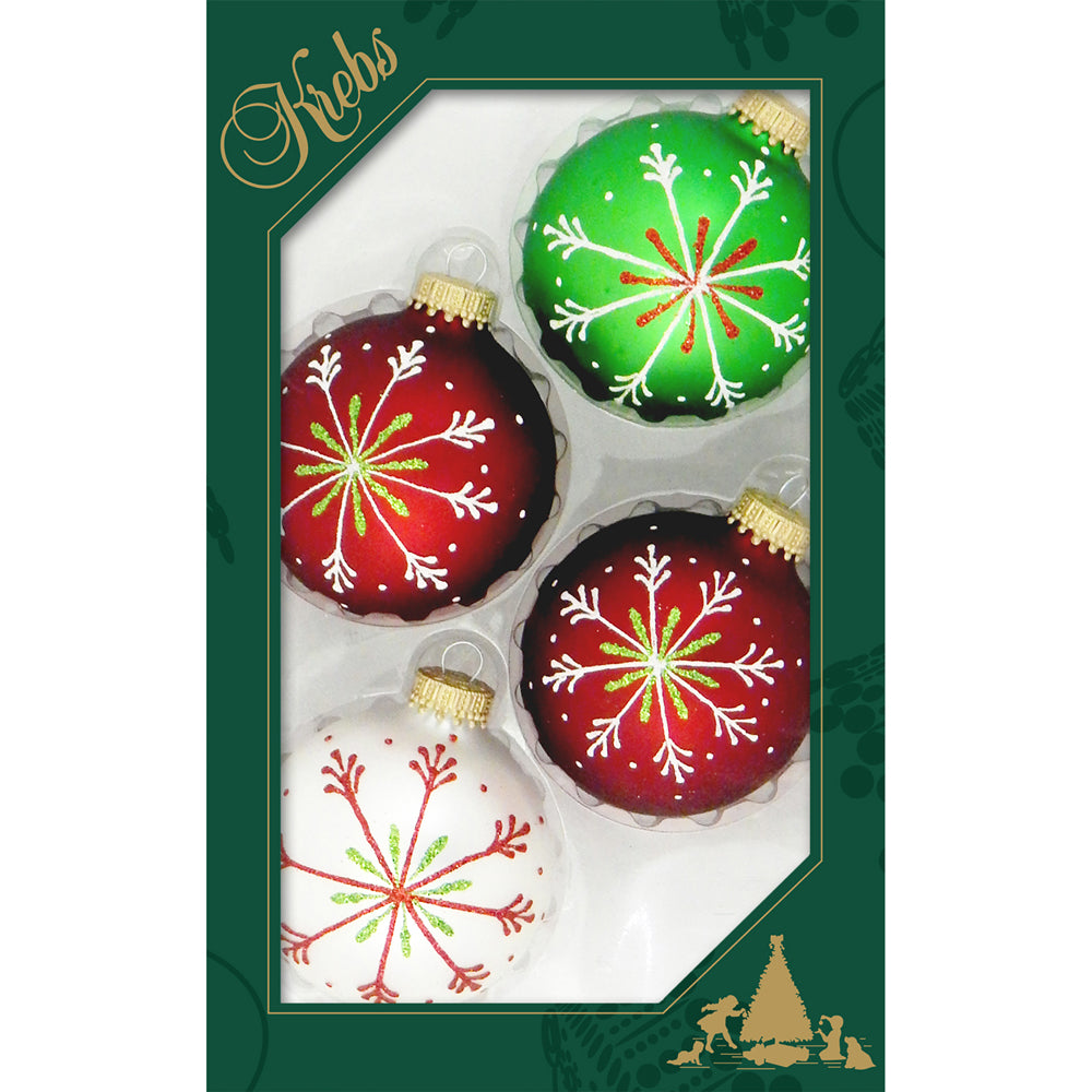 2 5/8" (67mm) Ball Ornaments Silver Pearl / Red / Green Velvet Color with Thin Snowflakes, 4/Box, 12/Case, 48 Pieces