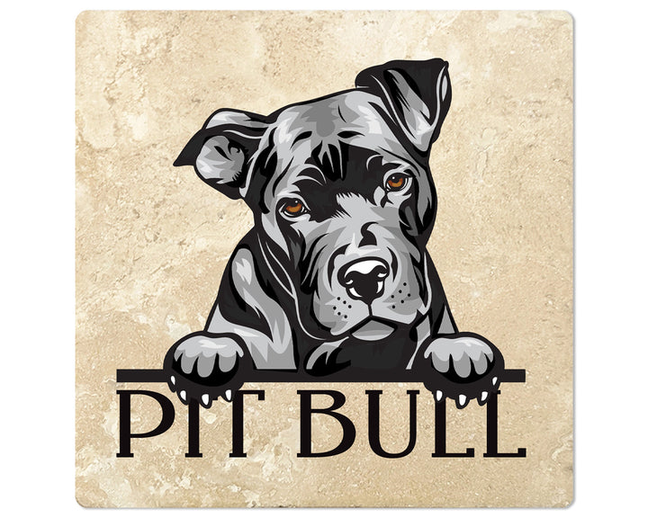 [Set of 4] 4" Square Premium Absorbent Travertine Dog Lover Coasters - Young Pit Bull