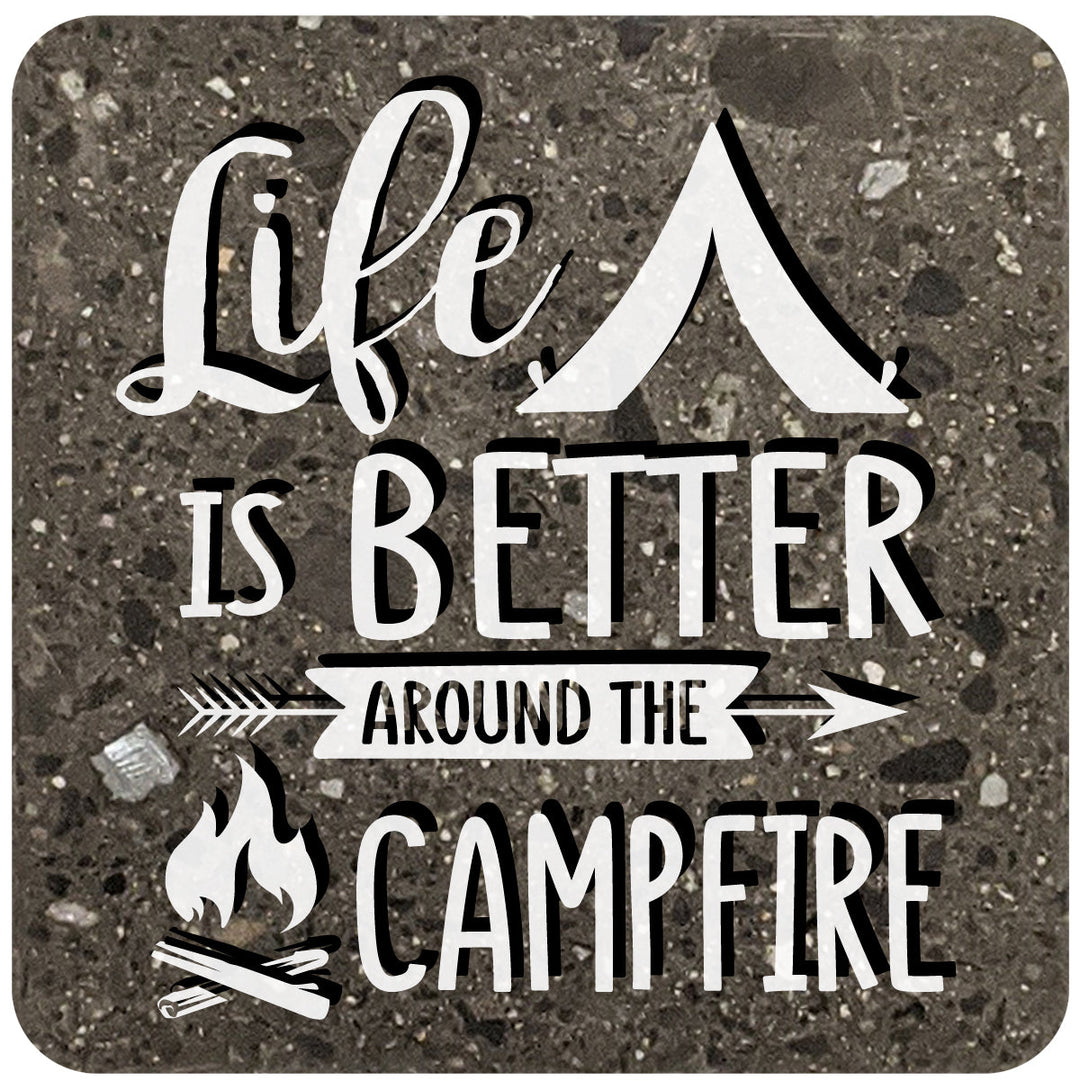 4" Square Black Stone Coaster - Life Is Better Around The Campfire, 2 Sets of 4, 8 Pieces