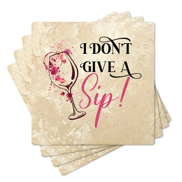 4" Square Travertine Coaster Set Funny "I Love Wine" Collection - Give a Sip, 4/Box, 2/Case, 8 Pieces.